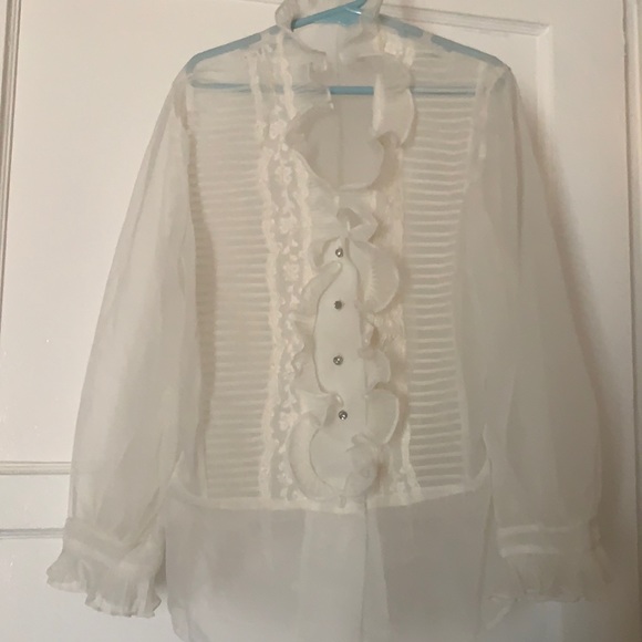 Vintage DEBTOWN JUNIOR WHITE SHEER LONG SLEEVE BLOUSE LACE VICTORIAN LOLITA - Picture 3 of 11
